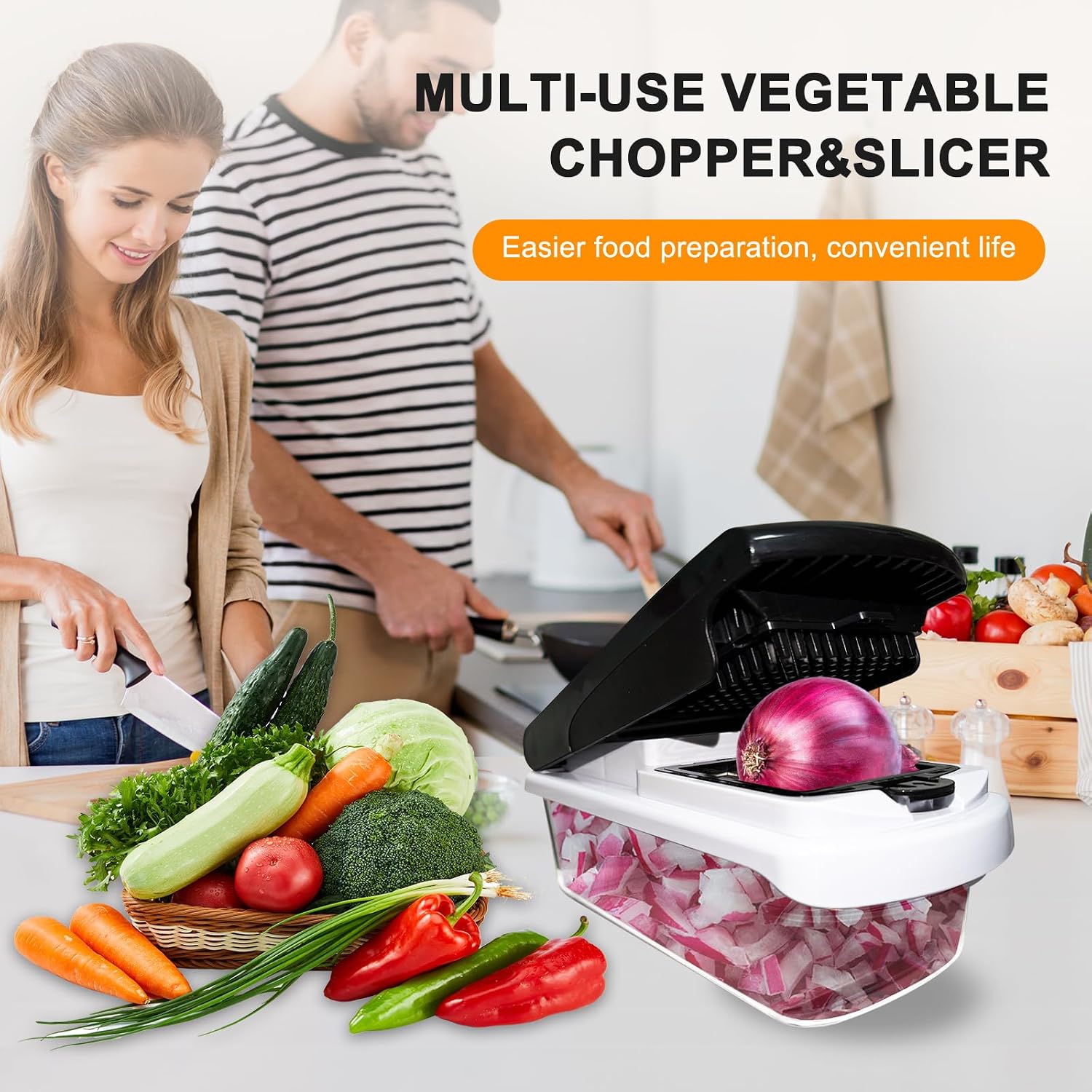 Vegetable Chopper With Container,16 In 1 Professional Slicer For Kitchen,Multifunctional Food Chopper For Potato, Tomato,Filter Water Hole,8 Blades,Black