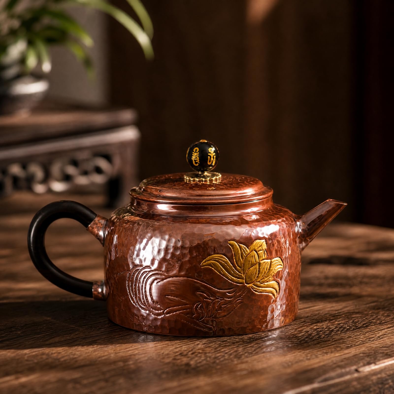 Théière En Cuivre 200 Ml Théière Ciselée à Décor Floral Portable pr Pauses Lecture Tranquille