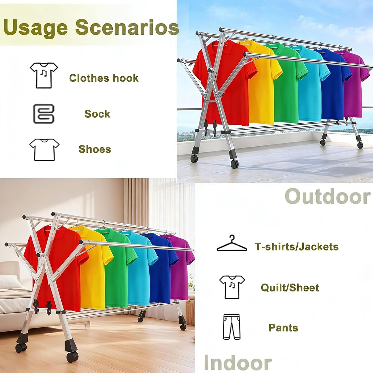 HUHJYUGE Retractable 5 Poles Clothes Drying Rack, Heavy Duty Stainless Steel Foldable Outdoor Laundry Rack with Wheels, Portable Garment Drying Stand for Balcony (200cm/78.7inch)