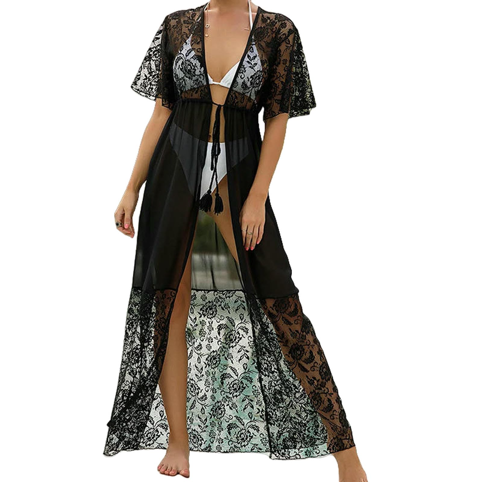 Paréo Plage Mesh Sheer Hollow-Out Jacquard Mainture De Maison Bikini Couverture Up Taille Cardigan Voyage Soleil Protection Robe Femme Summer Beachwear-Noir-Taille Unique