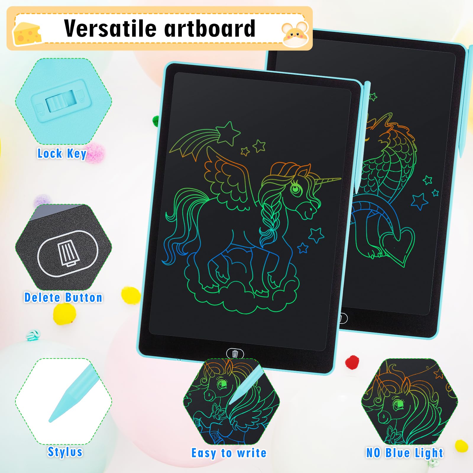 Damcyer 2 Pezzi Tavoletta Grafica LCD Scrittura 15 Pollici,LCD Tavoletta Grafica Bambini con Schermo Colorato,Taccuino Cancellabile con Adesivi Animali,per Ragazzi e Ragazze di età 3 4 5 6,Blu+Blu