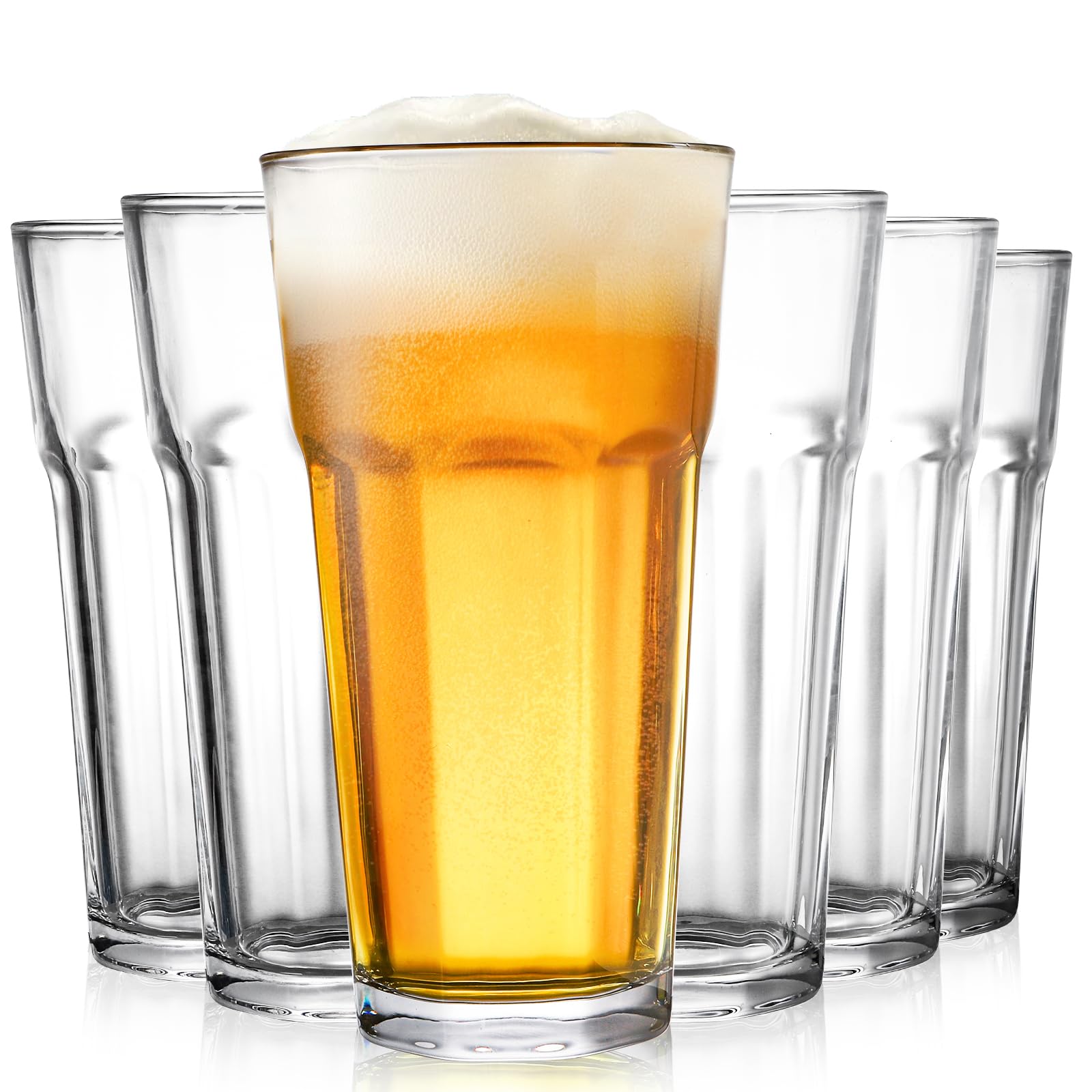 Set of 6 Drinking Glasses 16oz, Thick Tempered Water Glasses, Lead-Free Highball Pint Cle…