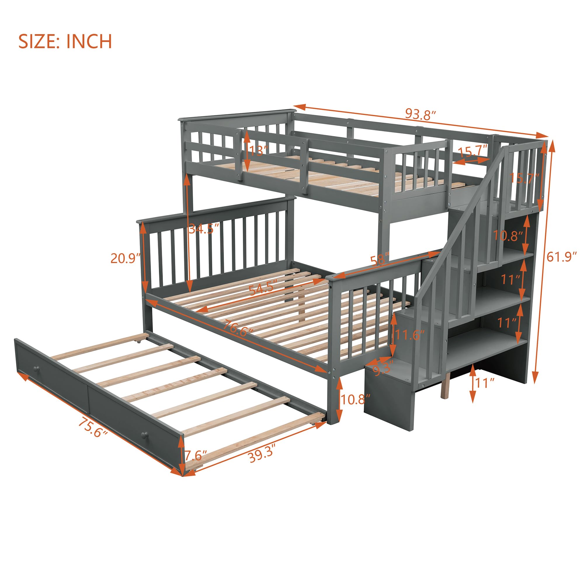 Morhome Twin Over Full Size Bunk Bed with Trundle and Storage Stairs, Solid Wood Stairway Triple Bunk Beds Stairway and Full-Length Guard Rail for Kids Teens Adults Bedroom, Can Be Divided