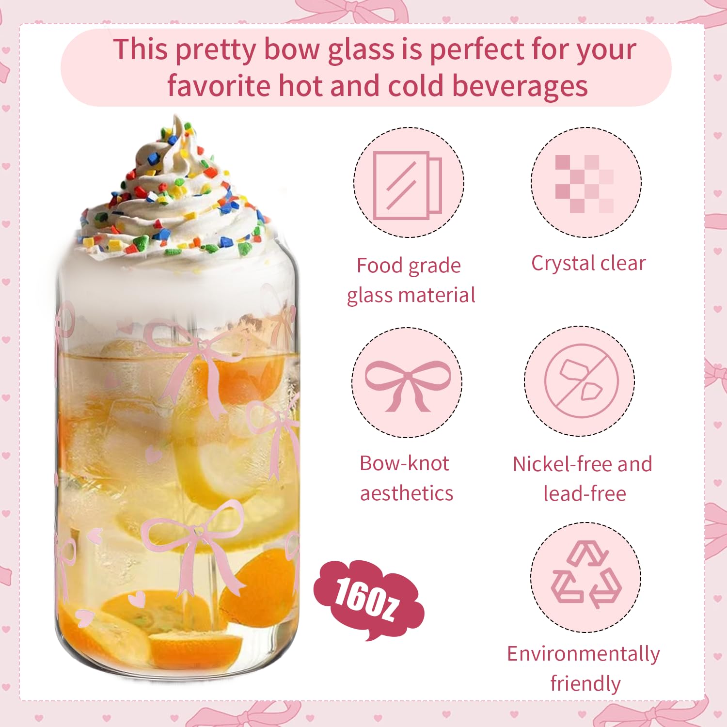 Cumnvulnt Coquette Aesthetic Glass Cups with Lids and Straws, Pink Bow Iced Coffee Cup - Image 4