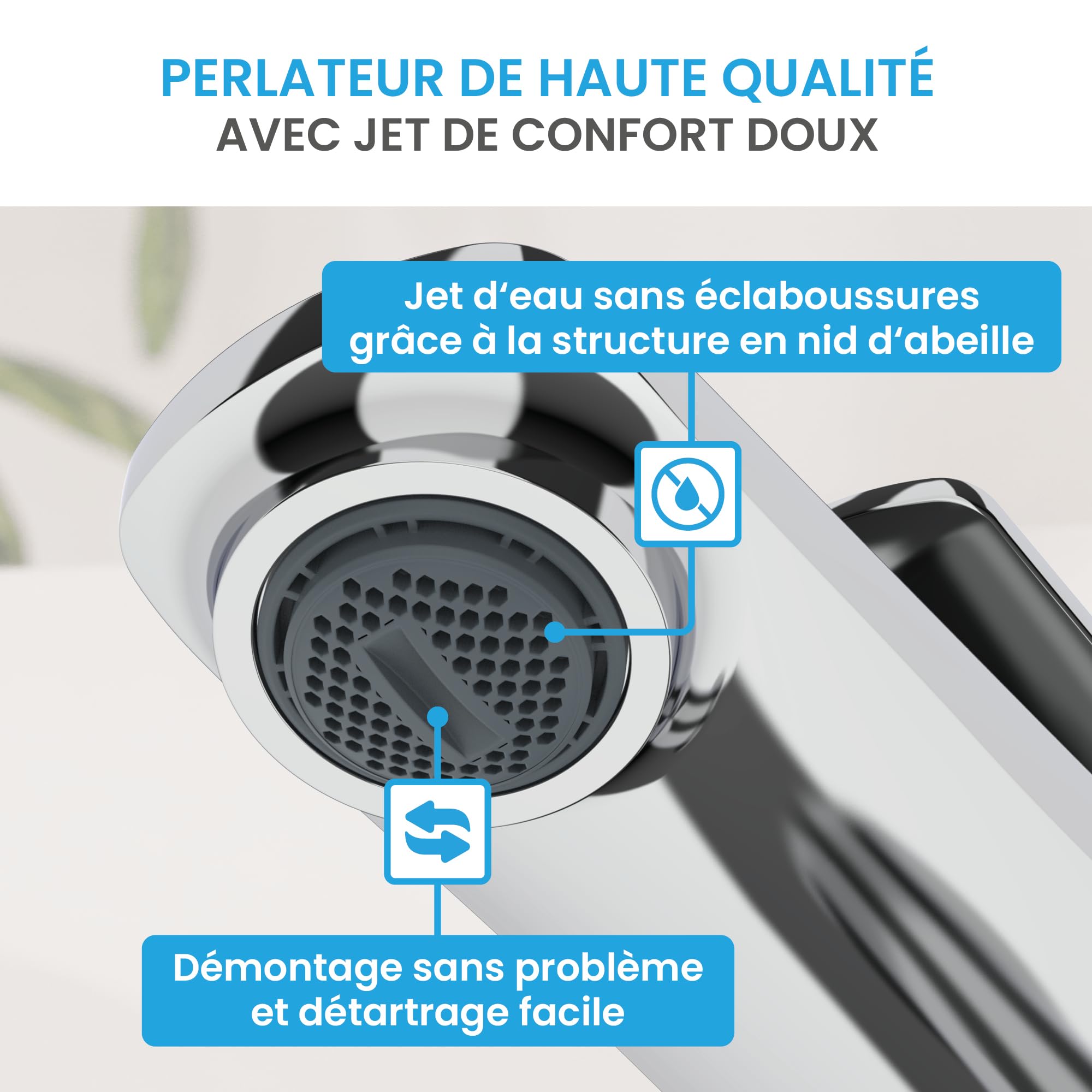 Bächlein Mitigeur de salle de bain Aldeya au design moderne, mitigeur monocommande avec cartouche en céramique durable et kit de montage, robinet de salle de bain chromé
