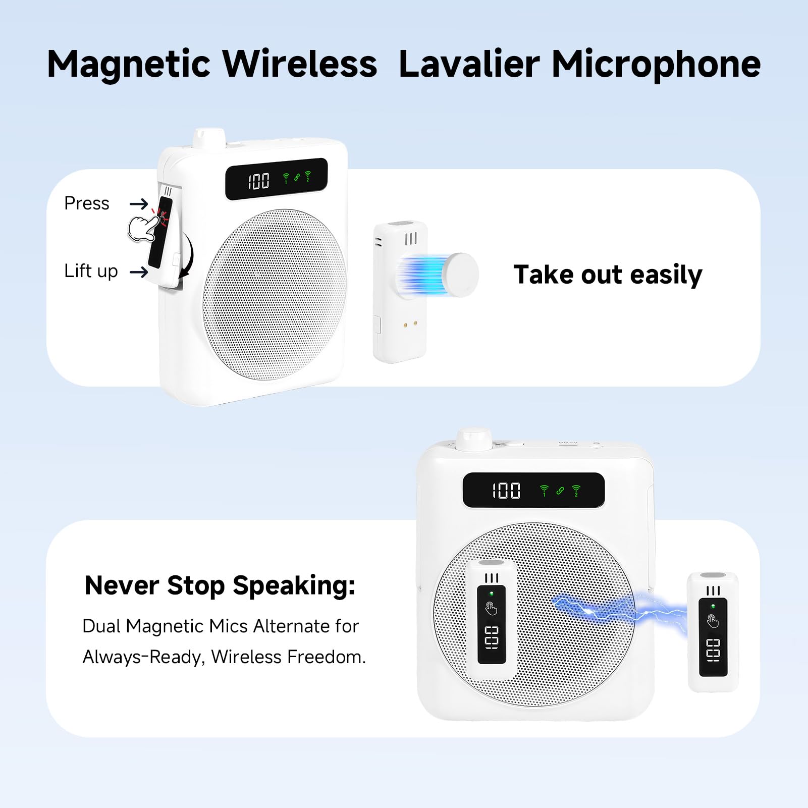 KozyOne Amplificador de voz, micrófono inalámbrico, amplificador de voz portátil Bluetooth con dos micrófonos de solapa magnéticos, para profesores, aulas, discursos, yoga, al aire libre