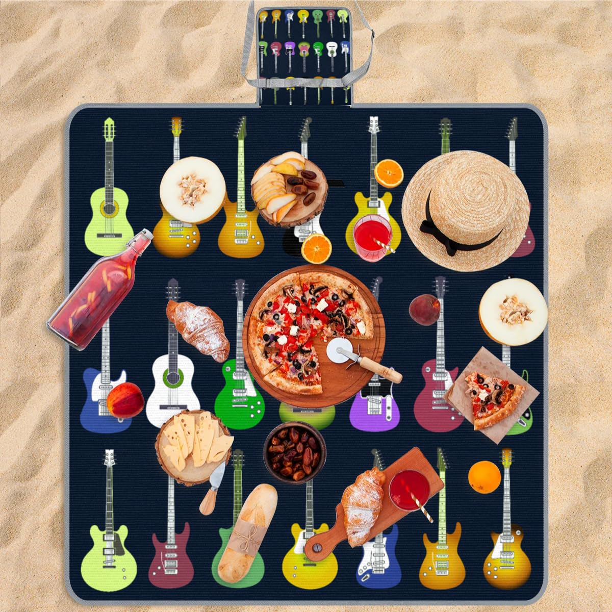 Manta de picnic de 150 x 145 cm, manta de playa plegable con música colorida y guitarra eléctrica para exteriores, impermeable, para playa, camping, senderismo, picnic