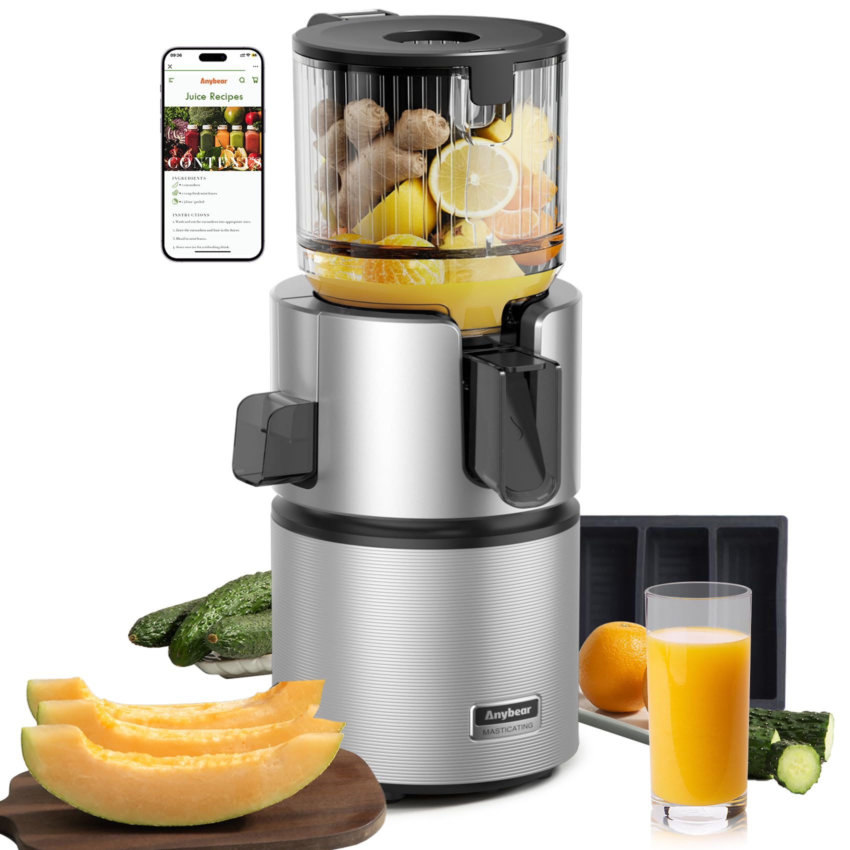 Anybear Kaltentsafter 350W, Slow Juicer mit 124 mm Einfüllschacht für Ganze Früchte und Gemüse, Entsafter mit Hoher Saftausbeute, Doppel-Zerkleinerungstechnologie, BPA-freies Tritan (Silber)