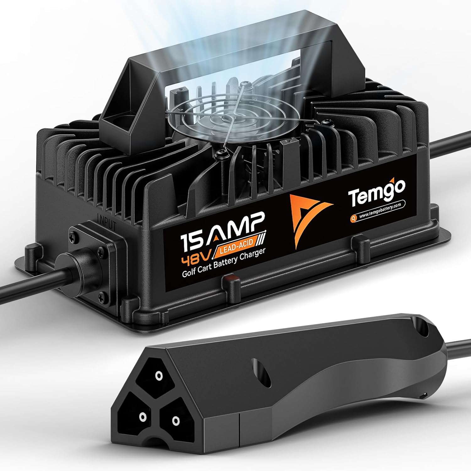 15 AMP 48 Volt Golf Cart Battery Charger for EZGO RXV/TXT, 3-Pin Triangular Plug Fast Charge for Lead Acid Battery, IP67 Waterproof 48V 15A Golf Cart Charger with Fan (Lead Acid for EZGO)