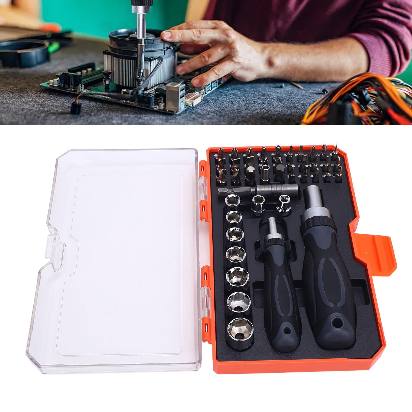 Juego de destornilladores 42 en 1 con funda, juego de destornilladores de trinquete Cr V, mango ajustable, kits de herramientas de reparación del hogar para reparar dispositivos electrónicos, gafas