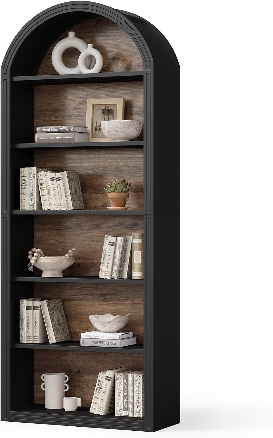 little tree 6-tier bookcase, 77" tall bookshelf with arched top, large freestanding wooden open bookcase bookshelf, modern display book shelf for living room, bedroom, office, library, black brown 6-tier black brown