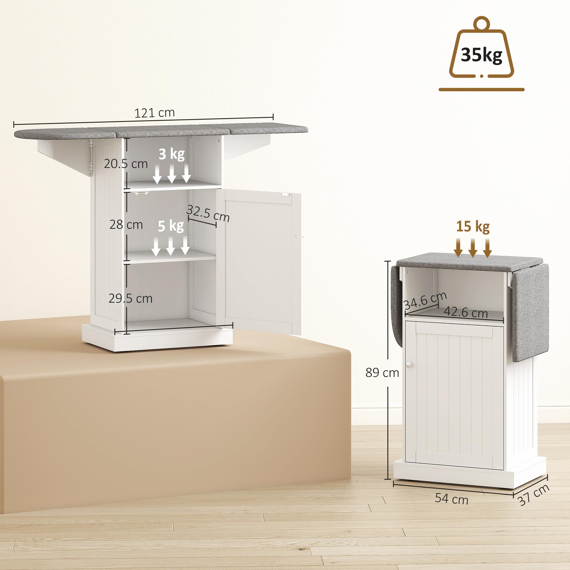 HOMCOM Mobile Asse da Stiro Salvaspazio Pieghevole con Ruote a Freno, Mobile da Stiro Multiuso con Vano Aperto, Ripiano Regolabile, per Lavanderia e Bagno, 121x37x89 cm, Bianco