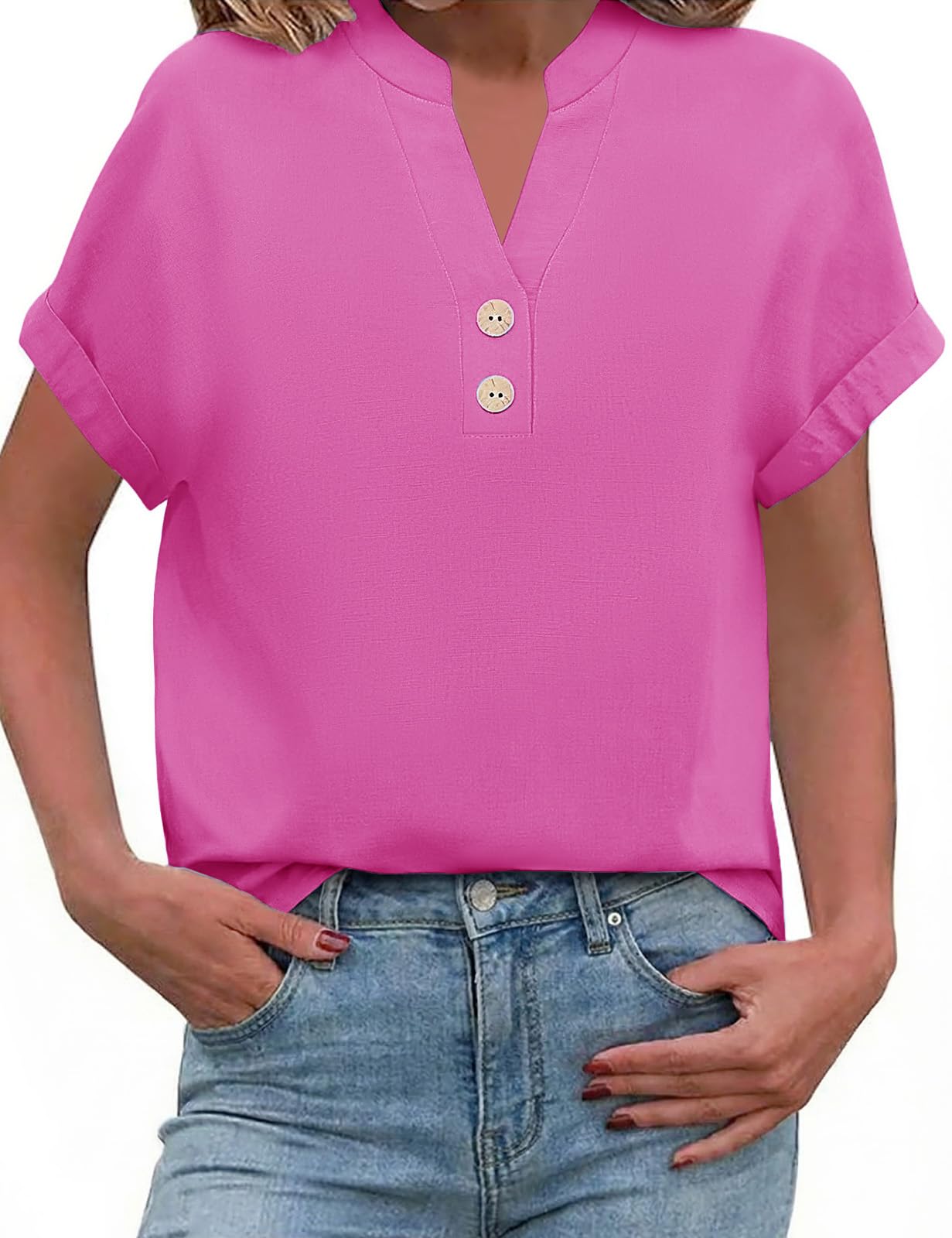 PASUDA Camicia Estiva Donna Blusa Lino Elegante Camicetta Manica Corta Camicia Scollo a V Button Down Camicia Tinta Unita Classico Top Estive T Shirt