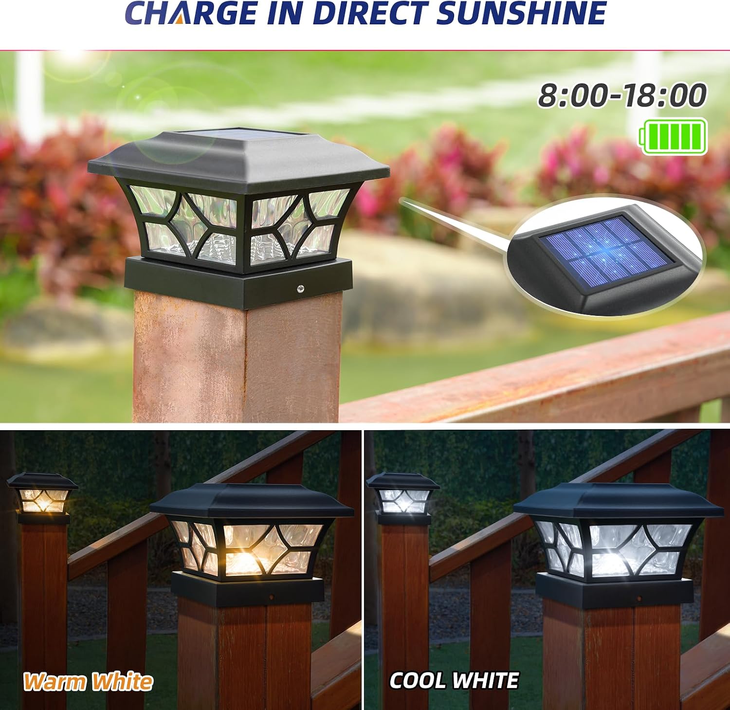 APONUO Solar Post Cap Lights 8 Pack with 1000mAh Battery - for 4x4 5x5 6x6 Fences, Larger Size & Longer Lasting, 2-Mode, IP64 Waterproof, for Fence Deck Patio Porch Yard (Black)