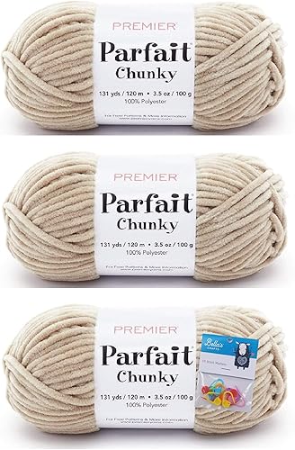 Premier Yarns Parfait Hilo de Chenilla Grueso 3.5 Oz 6 Peso Súper Voluminoso Paquete de 3 con Marcadores de Puntos de Bella's Stitch (Toffee)