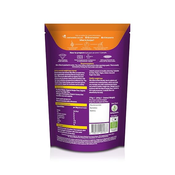 Eat Water Slim Rice Zero Carbohydrate 270g | Made from Konjac Flour | Keto Paleo Diet and Vegan | Zero Sugar and Low Calorie Food