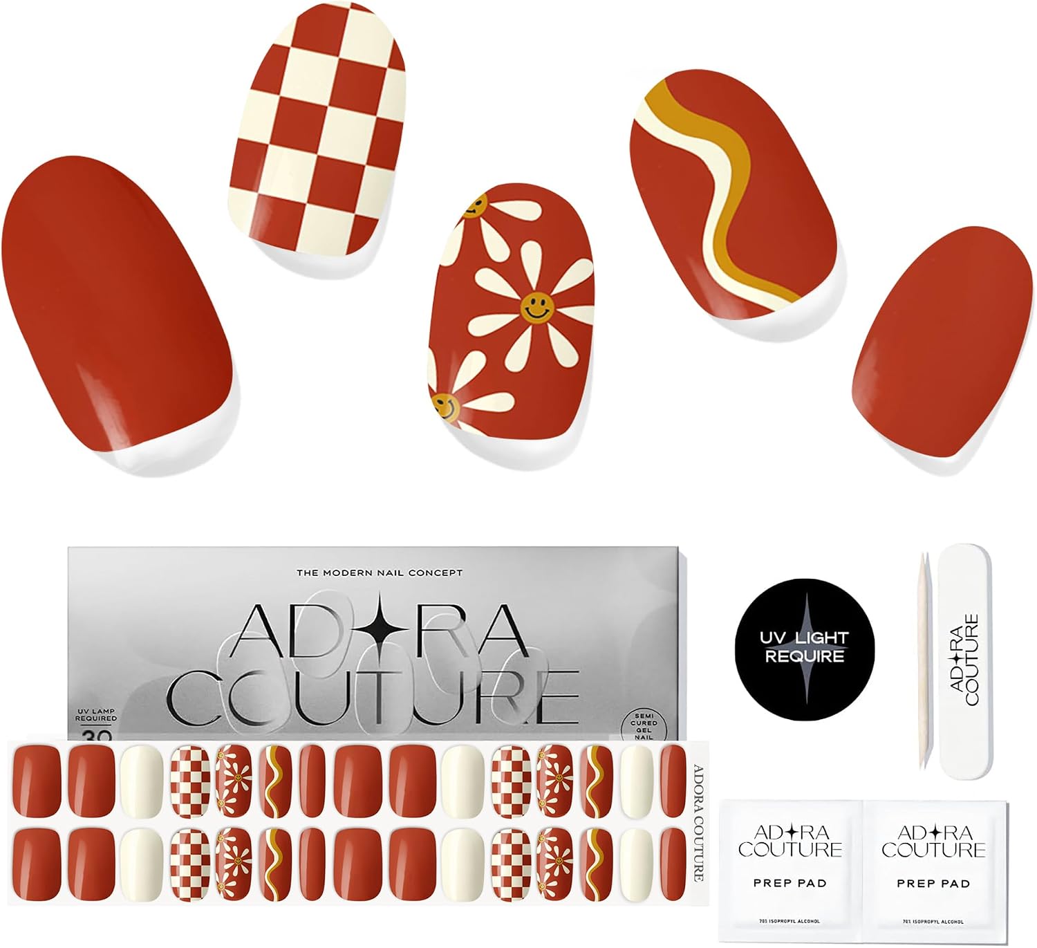 Adora Couture Semi Cured Gel Nail Strips with 30 Pieces - UV Gel Stickers, Manicure Kit, Easy Application Wraps Includes Prep Pads, Nail File, Wooden Stick - UV Light Required (Retro Rust)