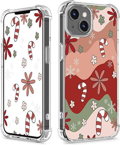COBATREE Funda de Navidad para iPhone 15, funda transparente de copo de nieve con muletas de Navidad, a prueba de golpes, funda suave para iPhone 15