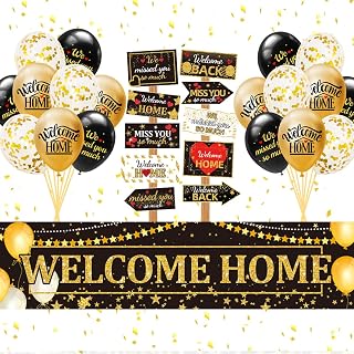Welcome Home Decorations, We Missed You So Much Welcome Home Banner Welcome Home Balloons Sign Directional Welcome Back Yard Sign, Black Gold Welcome Home Party Decorations Supplies