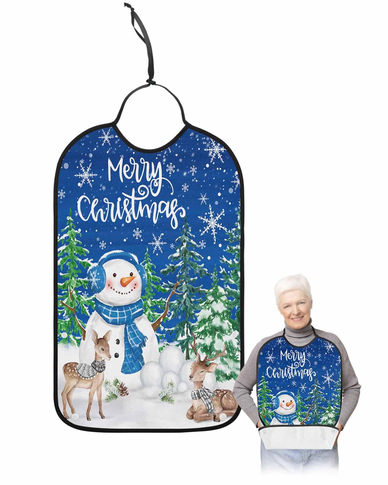 Christmas Adult Bib for Adults Men, Women, Winter Blue Snowman Pine Tree Snowflake Deer Washable & Adjustable Terry Cloth Bib with Crumb Catcher Reusable Waterproof Clothing Clothes Protector Apron