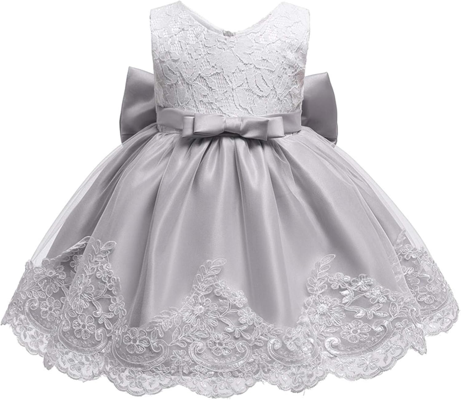 Formal Tutu Bowknot Princess Wedding Baby Clothes Lace Dress+Headband Girls Set Baby Holiday (Grey, 0-3 Months)