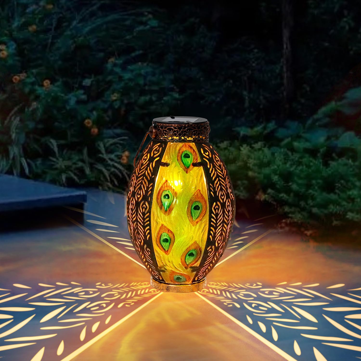 Solar Lanterns Outdoor Hanging Waterproof Solar Glass Peacock Feather Lights Metal Hollowed-Out Flickering Flame LED Tabletop Lamps Decorative Lantern for Garden Yard Patio Pathway Tree Decor