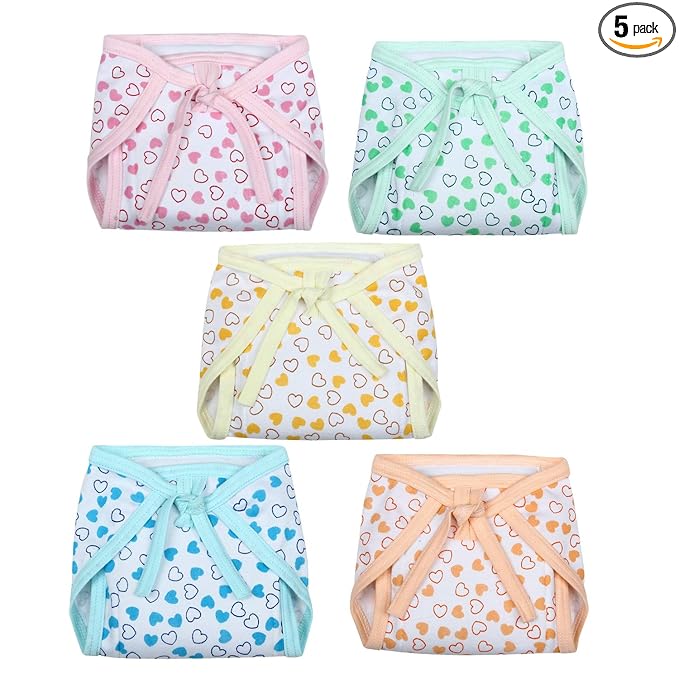 Superminis Baby Boy and Baby Girl Heart Print Cotton Cushioned Nappies Combo (Pack of 5)