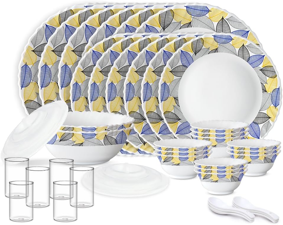 Silk Series Kora Opalware Dinner Set with Vision Glass | 40 pcs for Family of 6 | Microwave & Dishwasher Safe | Plates & Bowls | Crockery for Dining & Gifting | Leaf Pattern