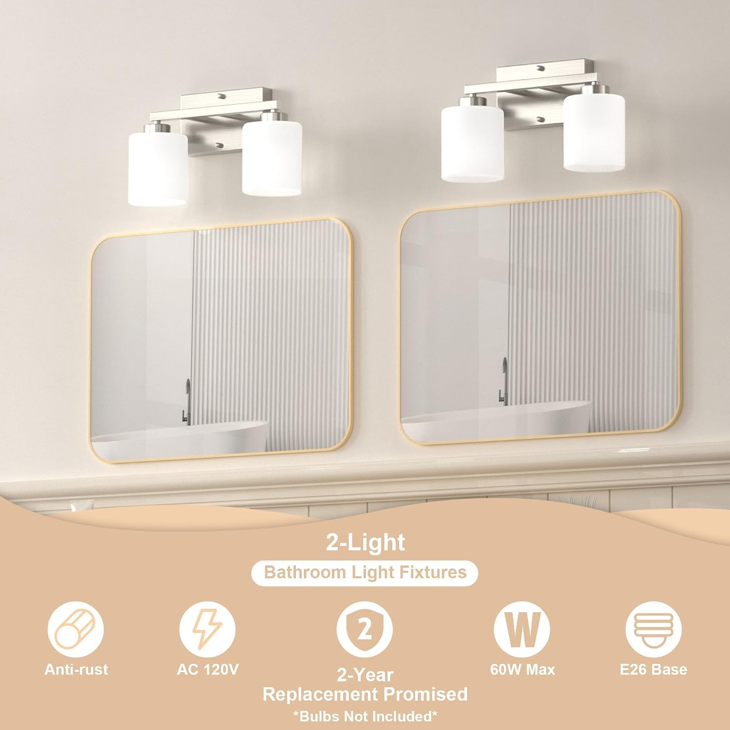 Honesorn Bathroom Vanity Light, 2 Light, Brushed Nickel, Frosted Shades image 3