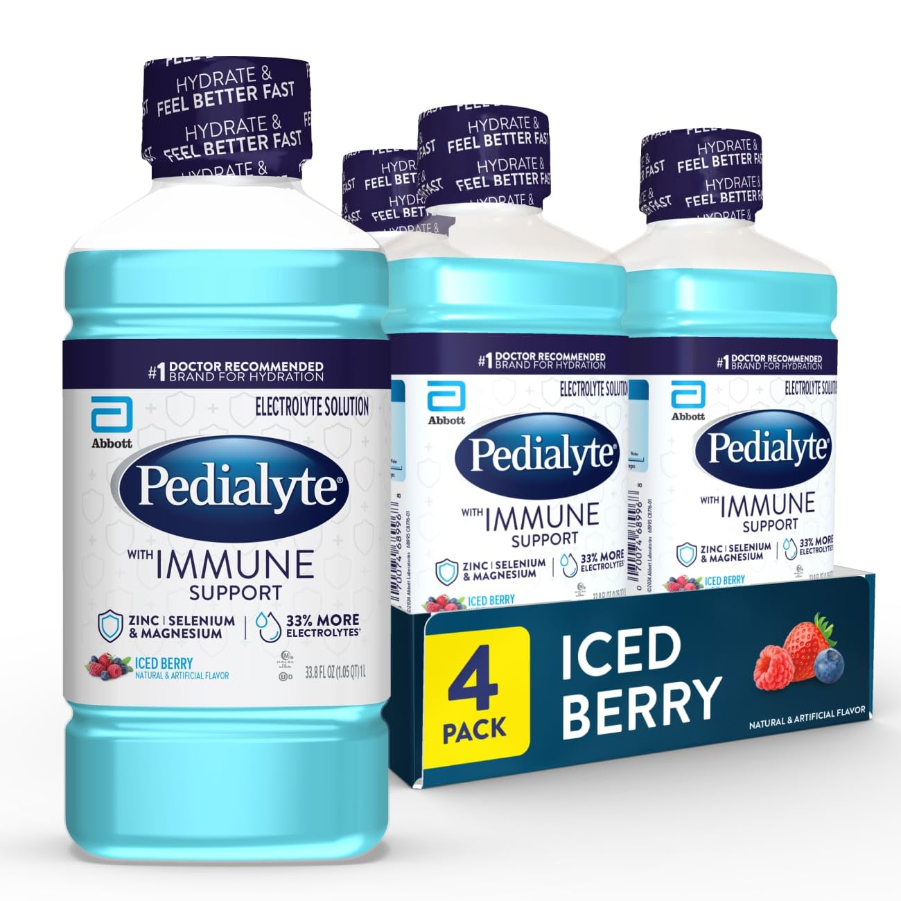 with Immune Support Electrolyte Solution, Hydration Drink with Zinc, Selenium, and Magnesium, Iced Berry, 1 Liter, Pack of 4