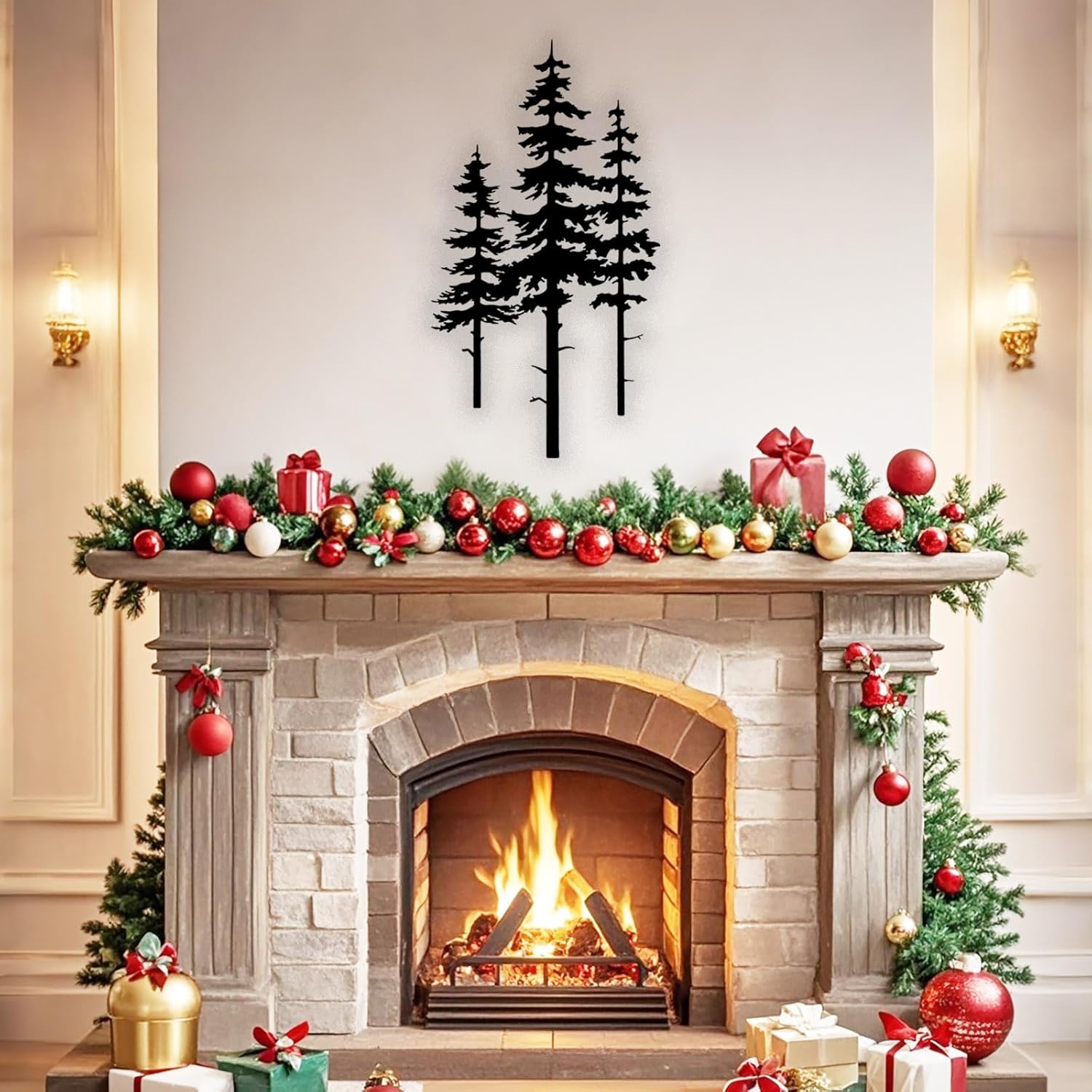 Metal Pine Tree Wall Art Decor, Nature Home Decor, Cedar Trees Metal Sign, Wall Decorations for Living Room, Forest Decor Nature Lover Gift (Black, 25L" x 13W")