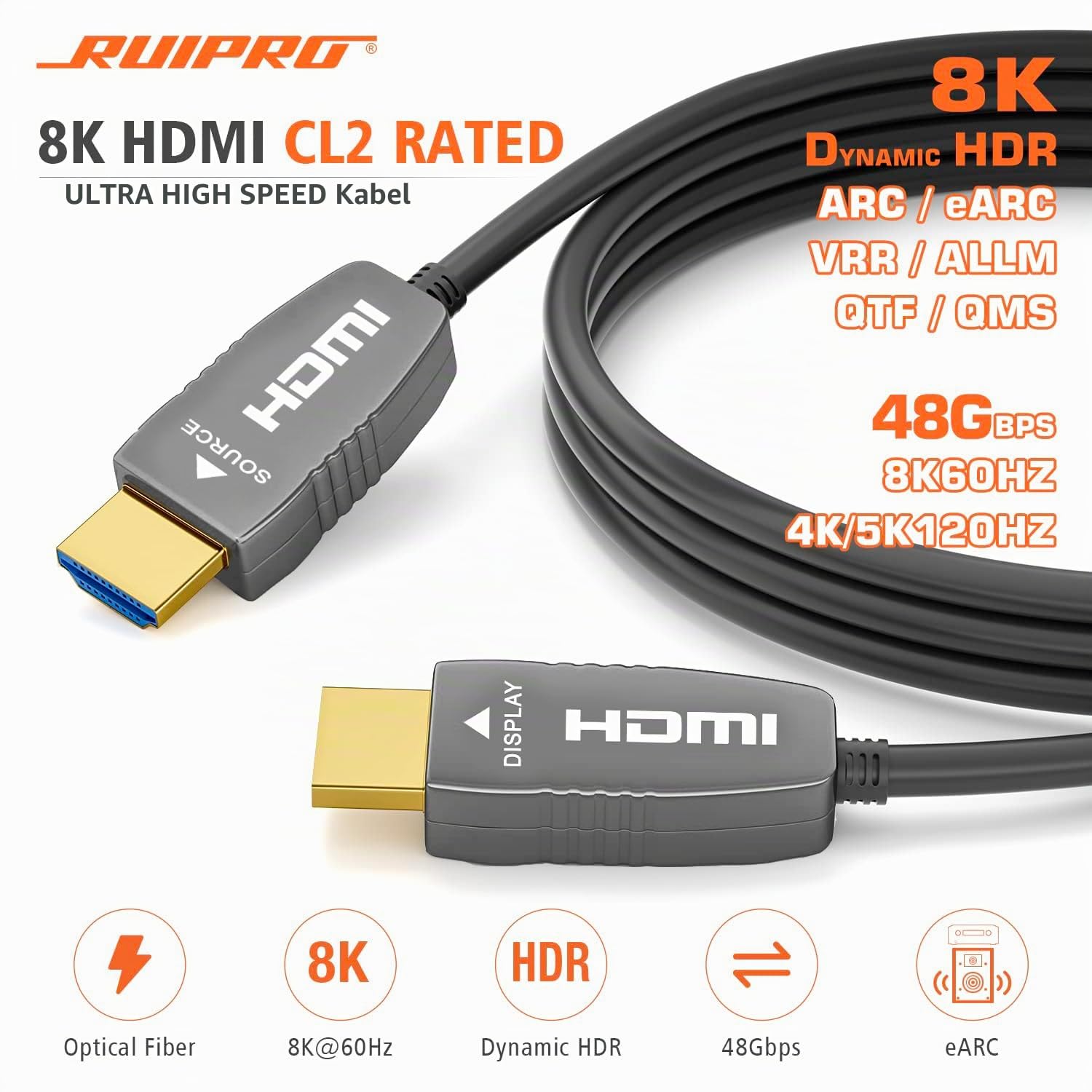 RUIPRO 8K HDMI Glasfaserkabel 2.1 15m, 48Gbps, 8K@60Hz, 4K@120Hz, Dynamic HDR, eARC, HDCP 2.2/2.3, kompatibel mit RTX 4090/4080, PS5, Xbox Series X/S, LG/Samsung/Sony TV, Beamer, AVR