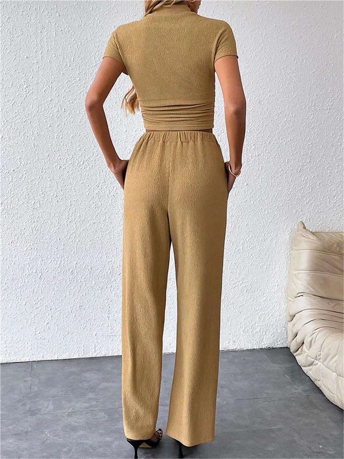 Completo Donna Elegante Pantaloni da donna in due pezzi, maglietta a maniche corte, pantaloni con lacci, casual, aderenti, elastico in vita(M)