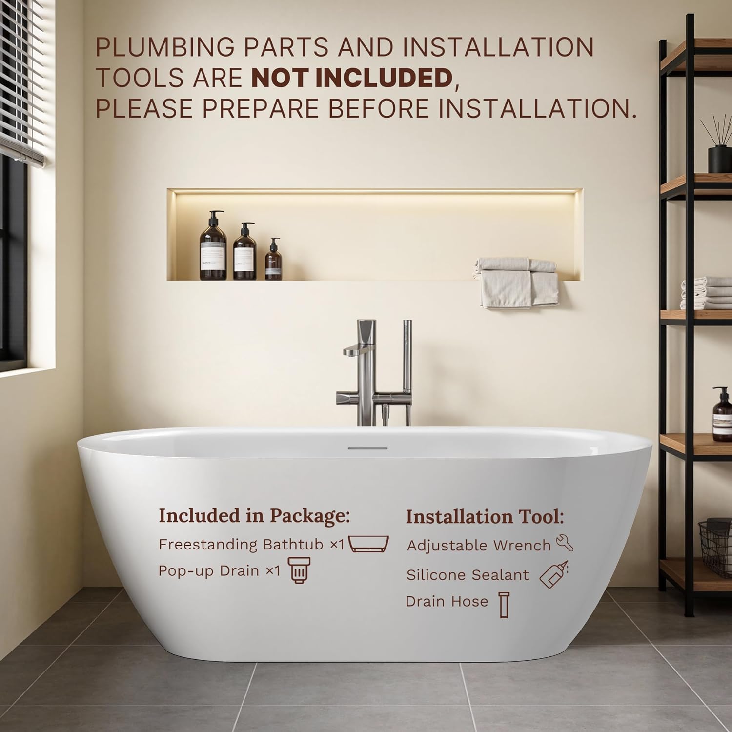 67" Freestanding Bathtub, Oval Deep Soaking Tub for Bathing, Modern Stand Alone Acrylic Bath Tub, with Integrated Overflow & Pop-Up Drain, cUPC Certified, Glossy White Finish