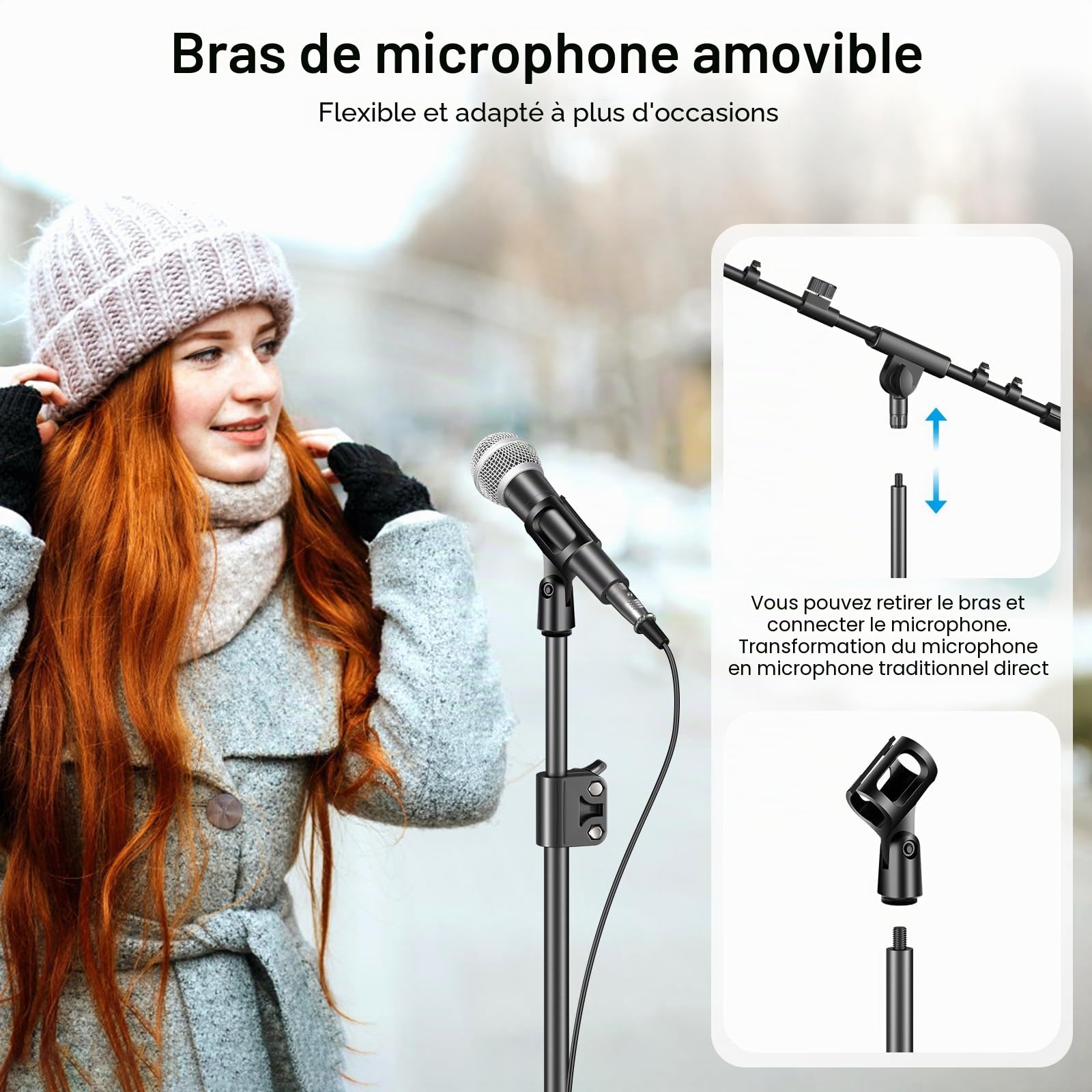 Support de micro, trépied avec perche réglable en hauteur, robuste avec sac de transport, 2 clips de micro de 0,95 cm à 1,6 cm, adaptateur pour baladodiffusion chantante pour Blue Yeti Shure