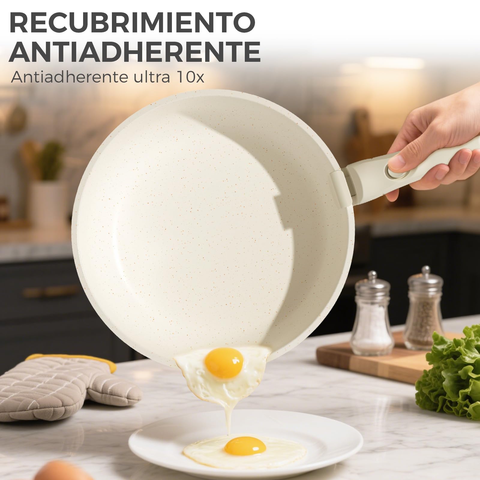YASHE Juego de ollas y sartenes de 9 piezas, antiadherente, mango desmontable, apto para inducción y horno, diseño apilable, color blanco