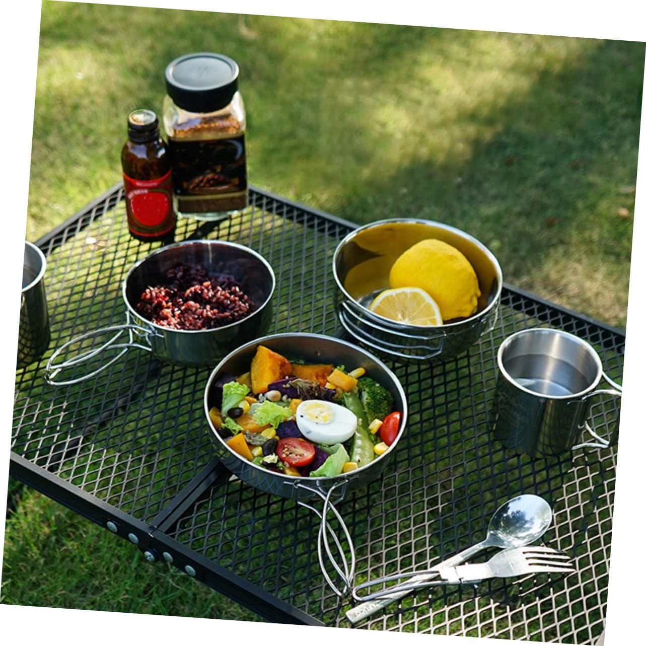 Milisten 5-Piece Stainless Steel Camping Cookware Set Includes Frying Pan and Pot Outdoor Picnic Tableware for Hiking and Mountaineering