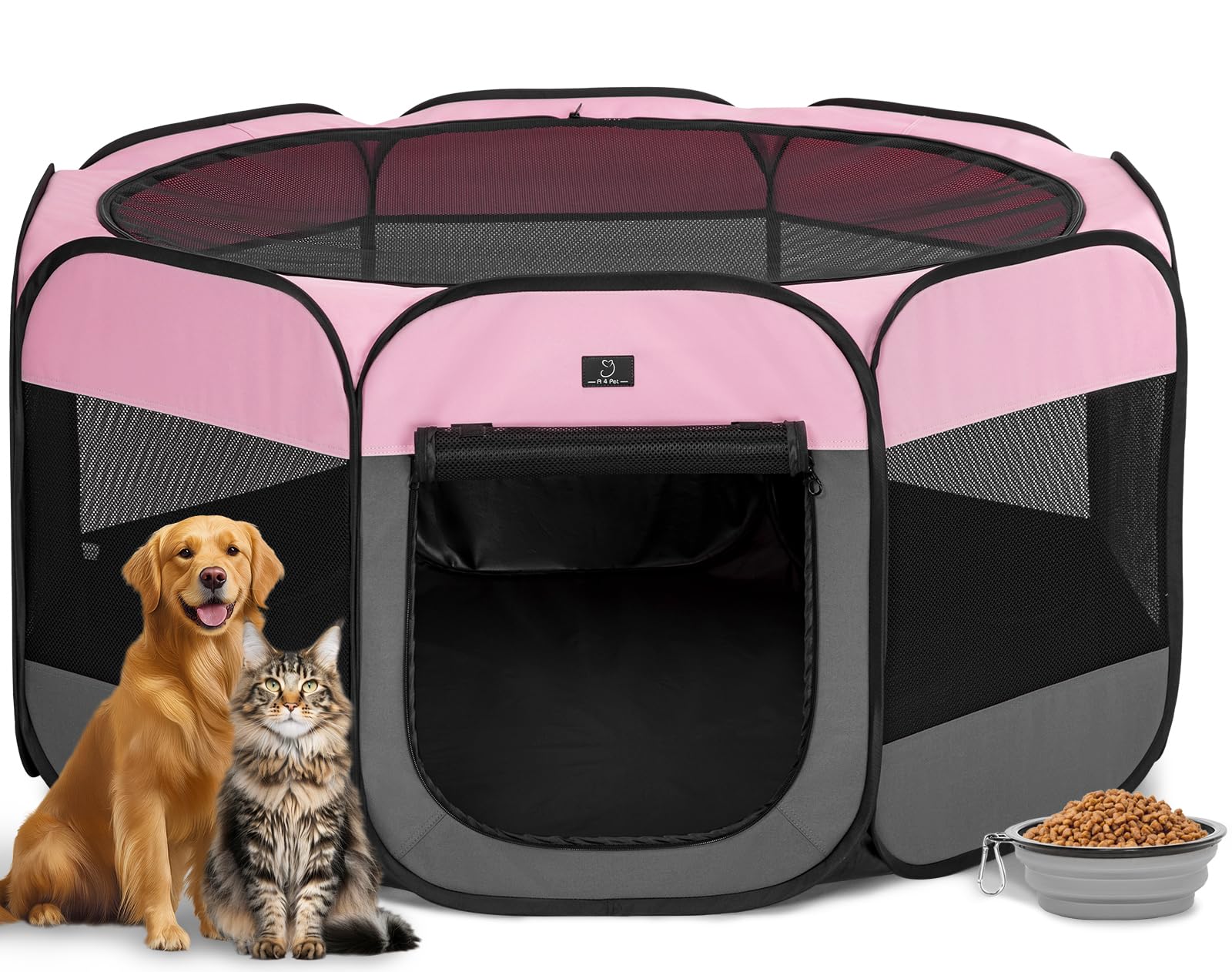 Portable Indoor Dog Playpen for Small Dogs & Puppies by A 4 Pet – 50.39" Pop-Up Soft Puppy Playpens with Bowl, Waterproof Floor, Calm Safe Space for