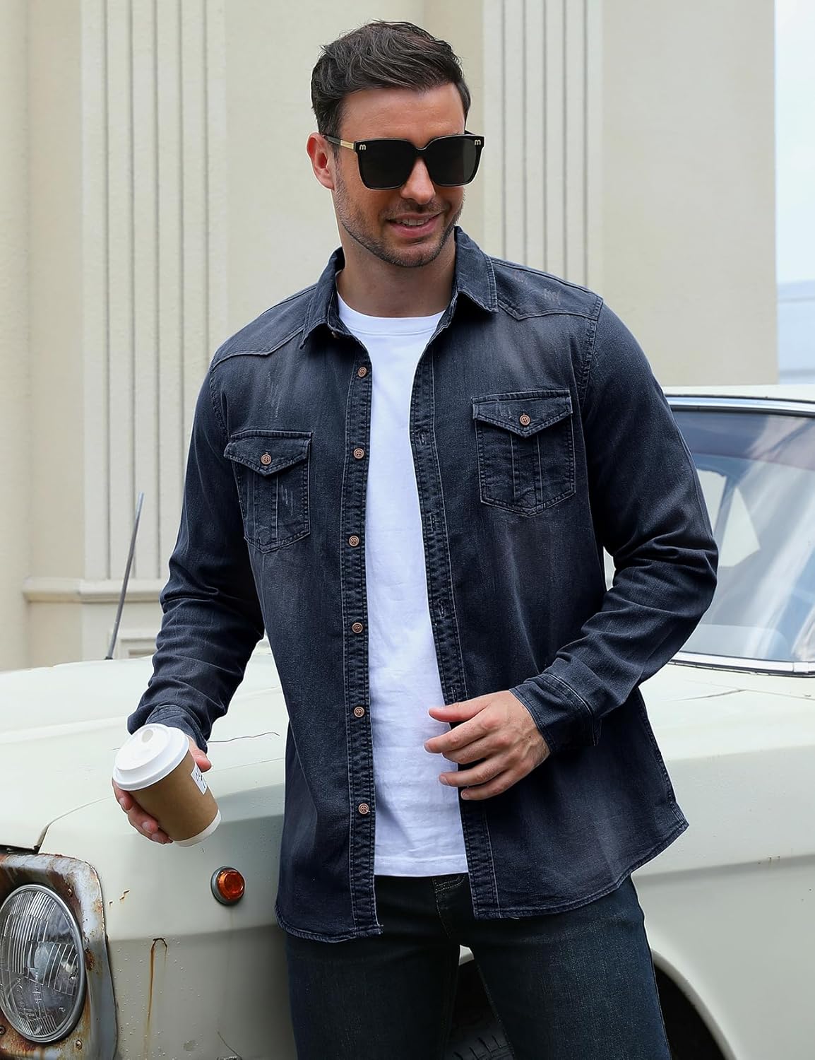 Eisctnd Men's Denim Button Down Shirt Classic Fit Long Sleeve Jean Work Shirts with 2 Pockets - Image 7