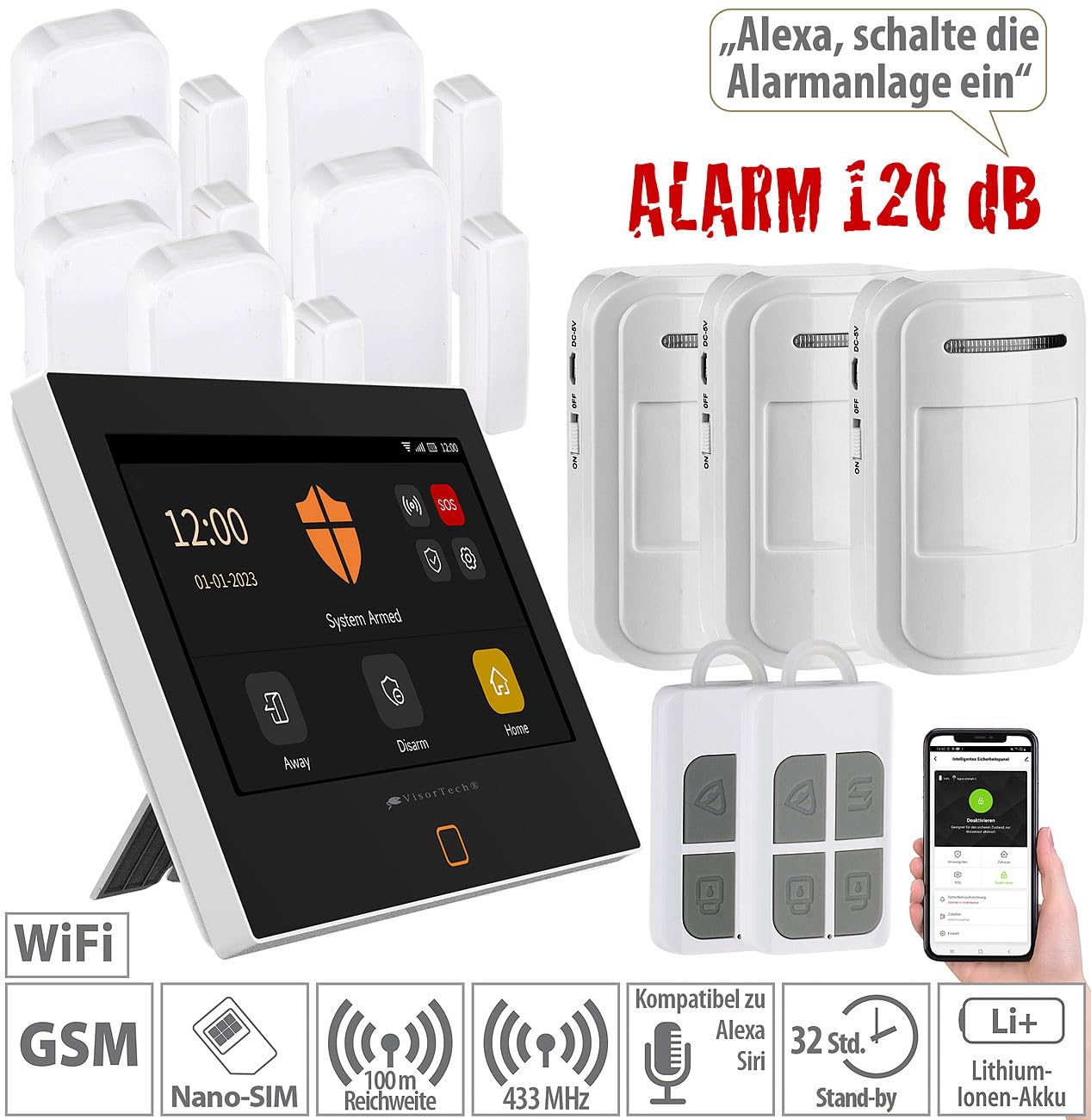 VisorTech Alarmanlage Haus: 12-teiliges WLAN/4G-Alarmanlage-Set mit 9 Sensoren, 2 Fernbedienungen (Hausalarmanlage, Funk Alarmanlage, Überwachung)