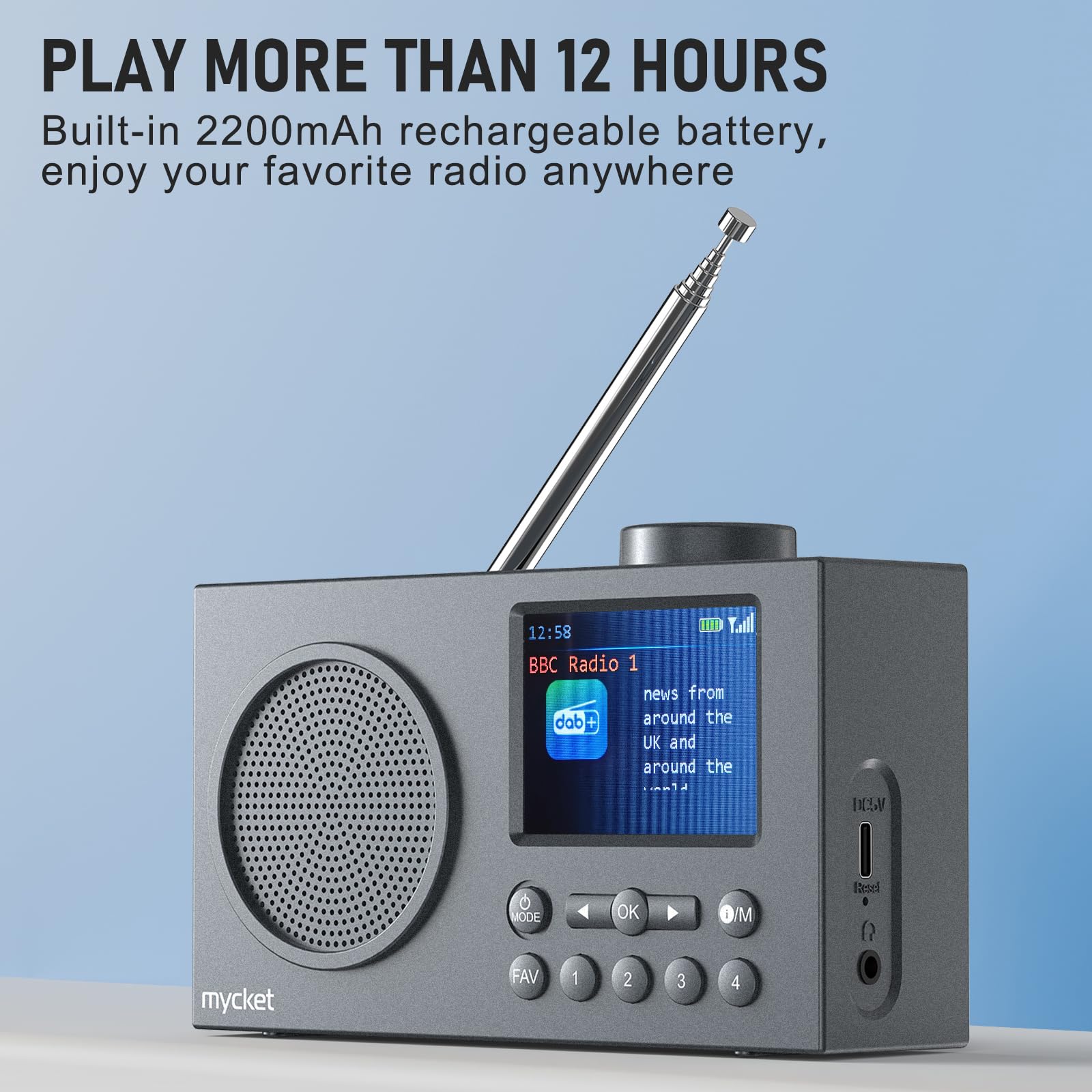 Mycket Tragbares DAB/DAB+ Radio, UKW Digital Radio mit 2025 Neuesten Signalempfängertechnologie, FM Wiederaufladbar Radio mit Bluetooth 5.0, Dual Wecker, 40 Voreingestellte, 2,4 "großes Farbdisplay