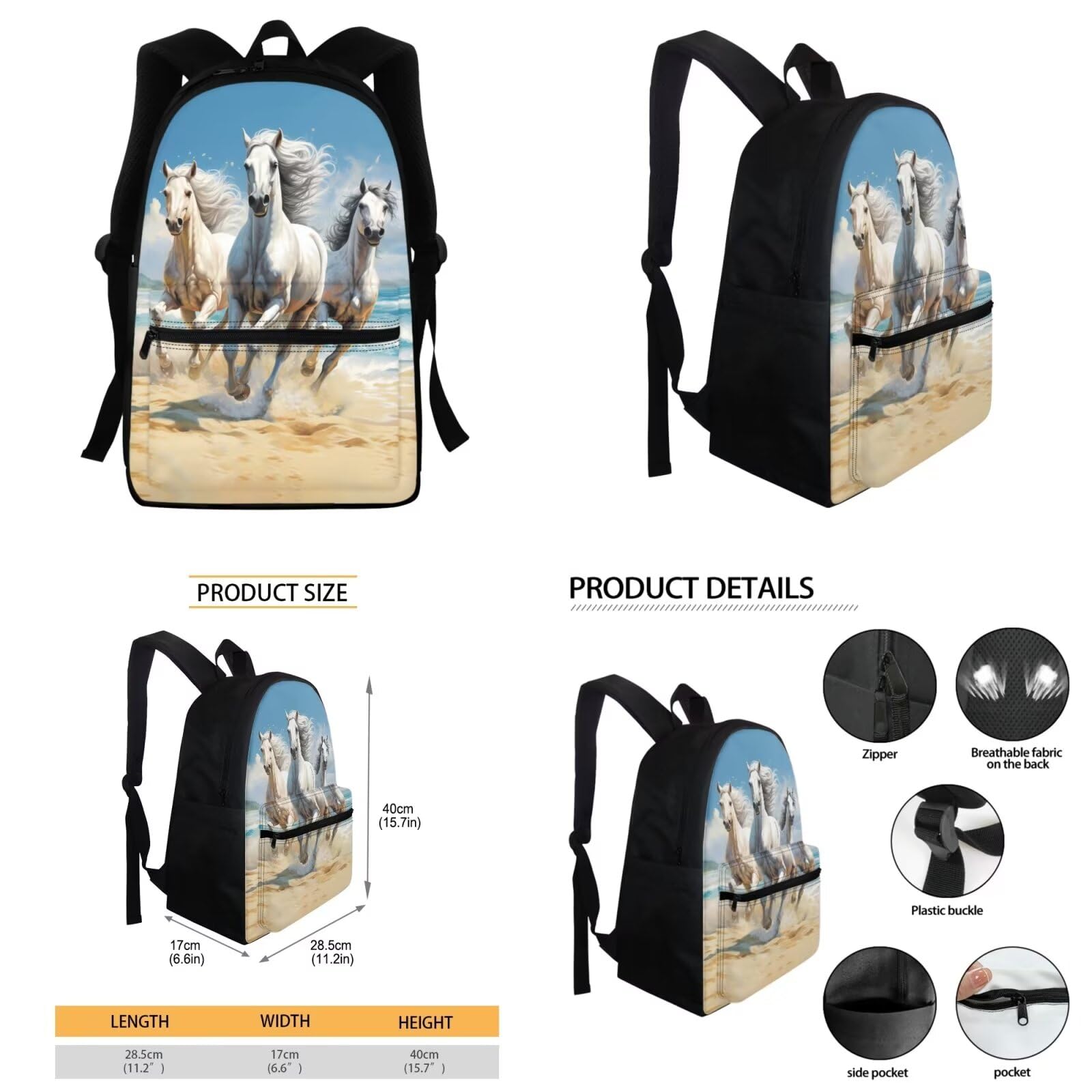 Juego de mochila escolar 4 en 1 para niños y niñas con bolsa de almuerzo, estuche para lápices, funda para botella de agua, Caballo 2, Mochilas daypack