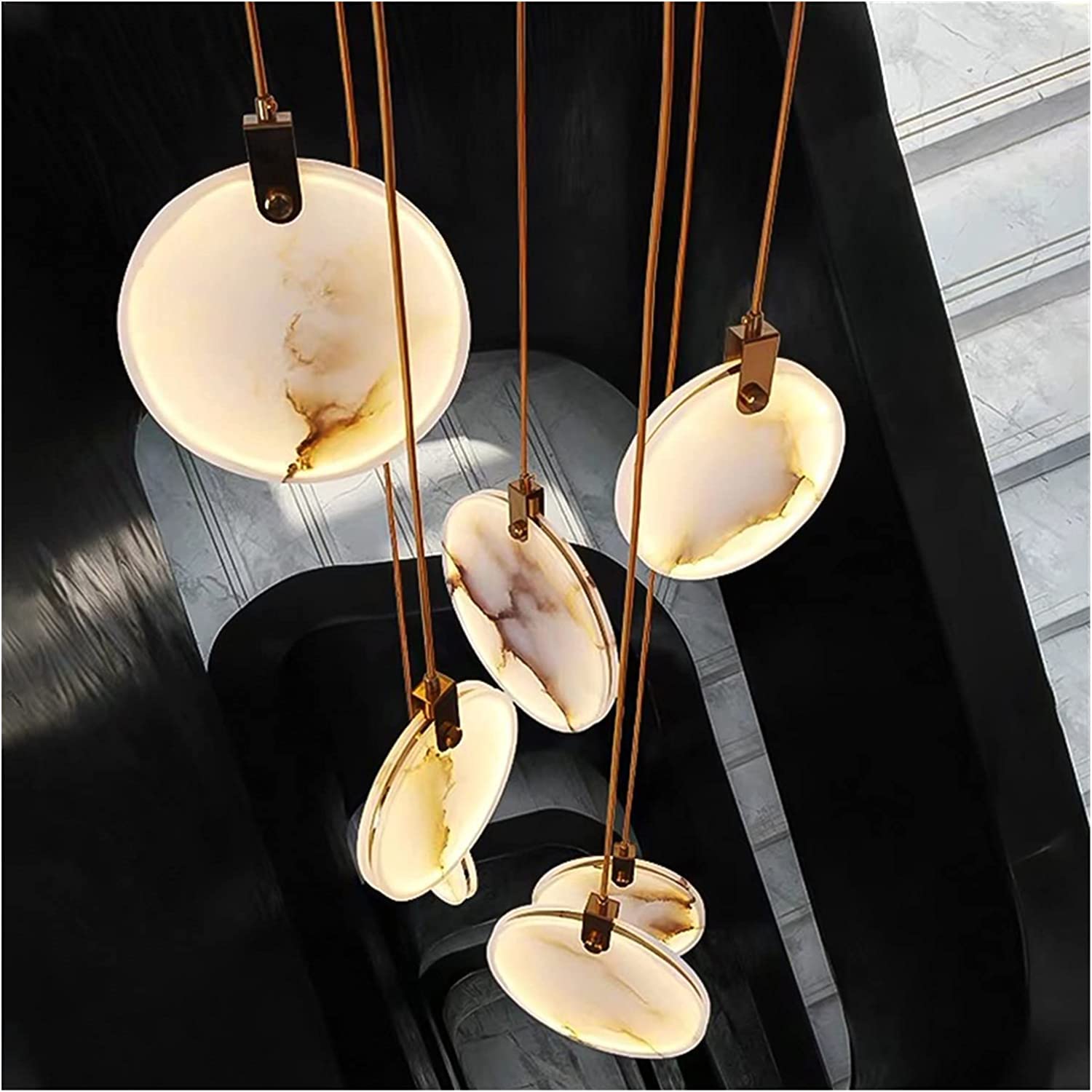 ChenYuNiu Luxury Crystal Chandelier for Modern Staircase – Elegant Marble LED Hanging Light Fixture for Living Room Villa Decor (D40H150CM)