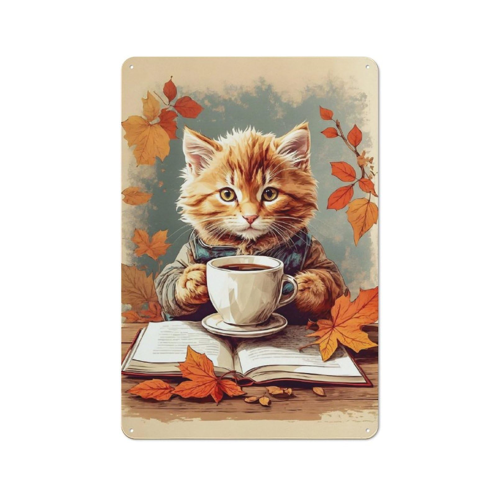 Junmoney Kitten Enjoying Coffe Rustic Tin Wall Plaque 30X20cm For Garage Or Workshop, For Home Interiors, Feature Walls And Decorative Displays