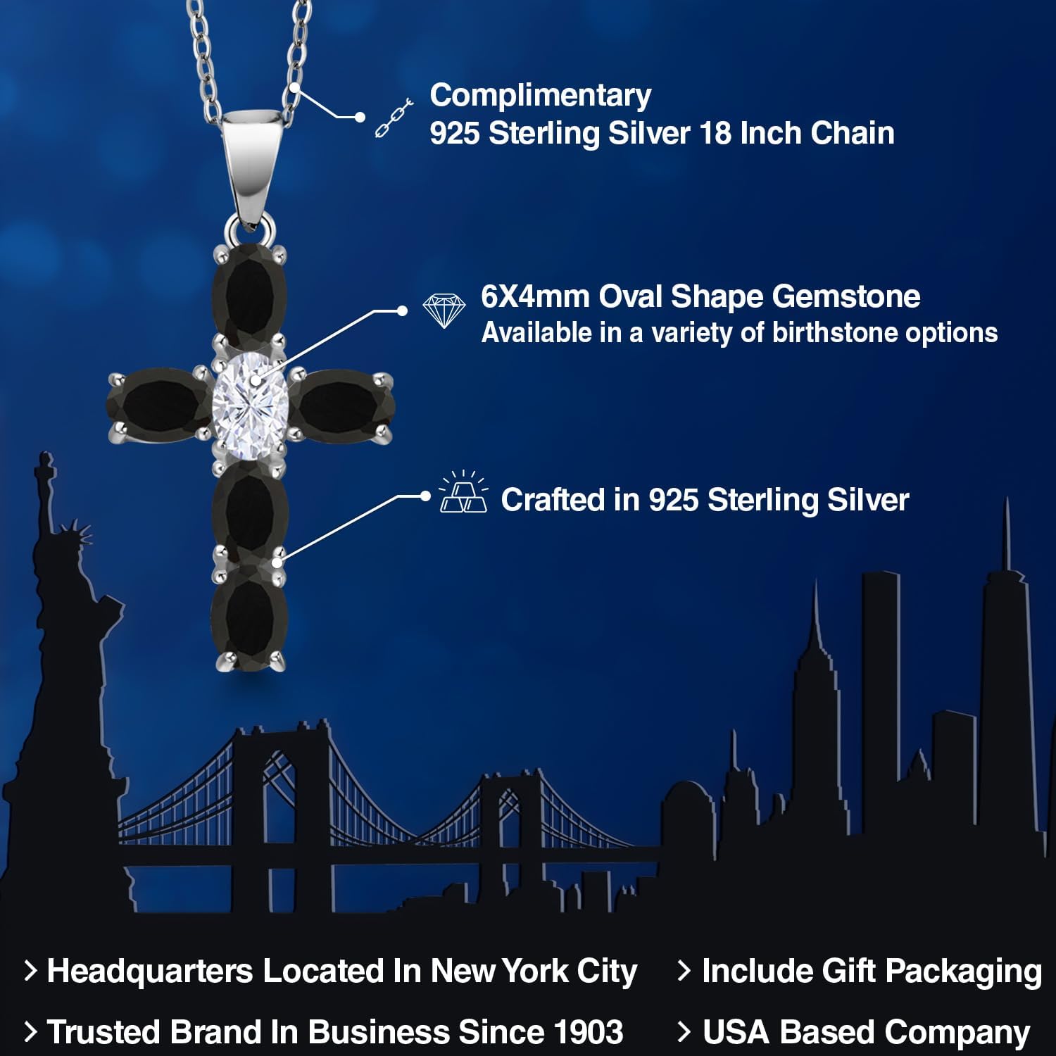 Gem Stone King 2.50 Cttw Black Onyx and White Moissanite Cross Pendant Necklace for Women | 925 Sterling Silver | Gemstone December Birthstone | Oval 6X4MM | With 18 Inch Chain