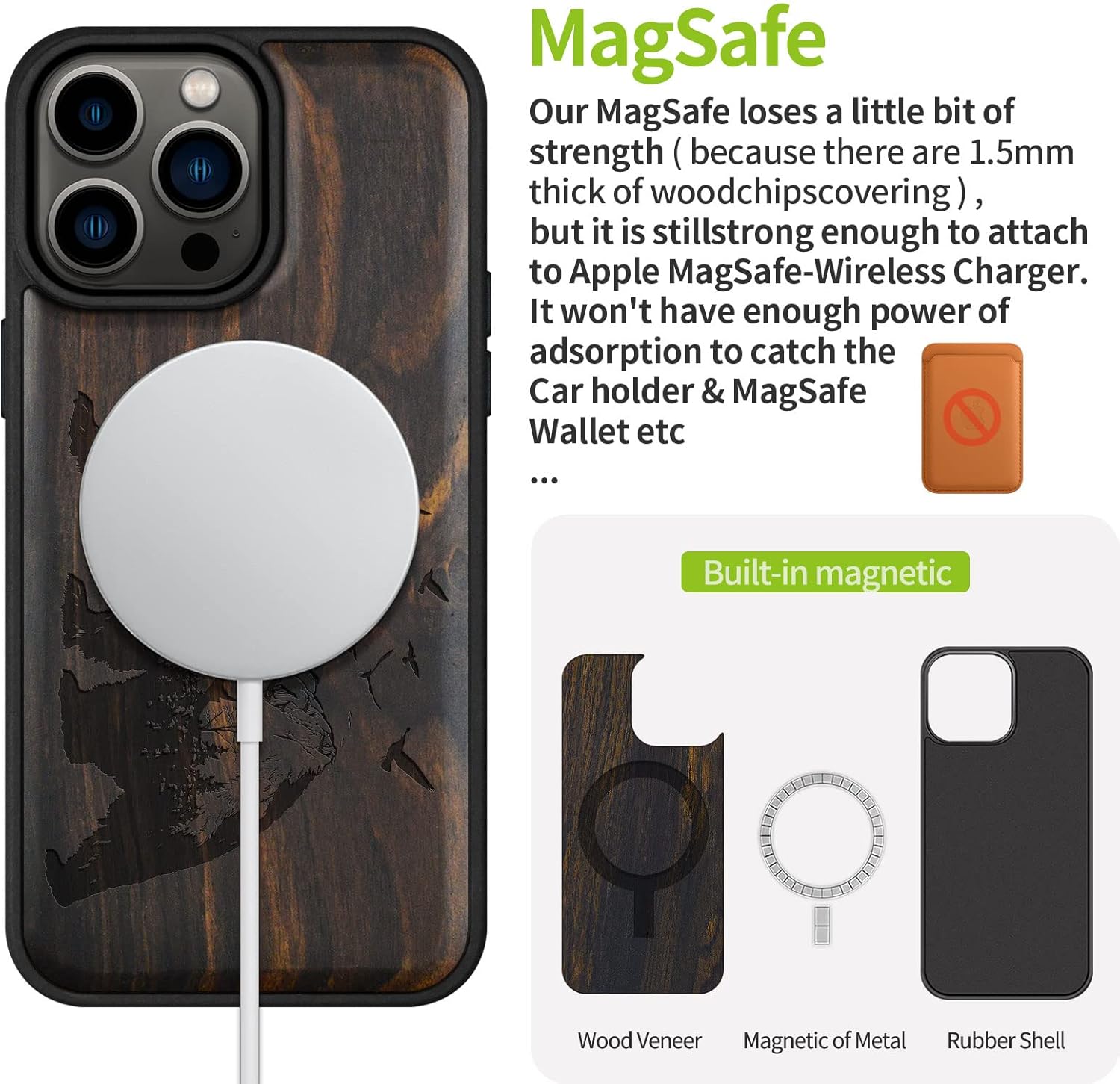 Carveit Magnetic Wood Case for iPhone 14 Pro Max [Natural Wood & Black Soft TPU] Unique & Classy Wooden Shockproof Protective Cover Compatible with magsafe (Bear and Valleys -Blackwood)