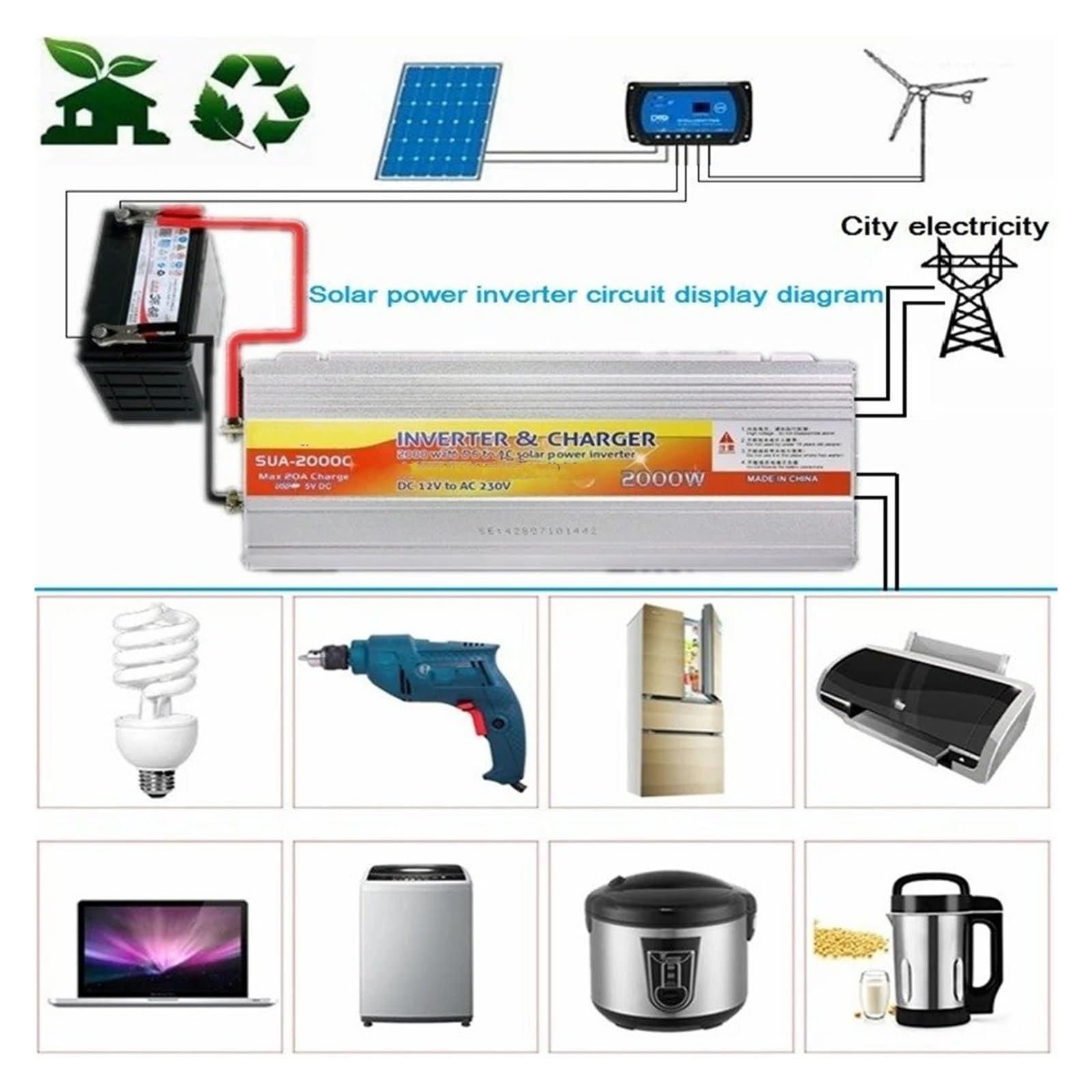 Transformador Inversor Solar Híbrido De 12 V Y 220 V, Cargador, Transformador De Voltaje, USB, 500 W, 1000 W Y 2000 W, Adaptador para El Hogar. Inversor(12V 2000W)