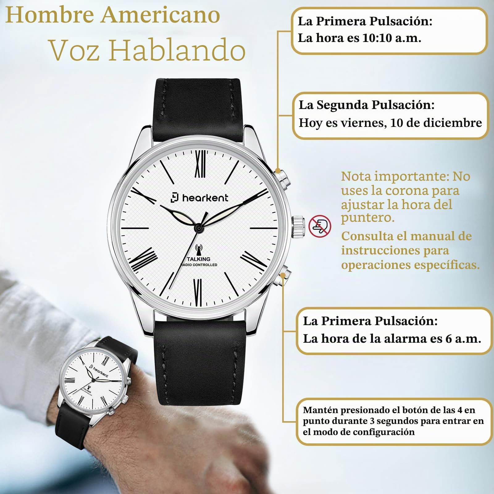 Hearkent Reloj parlante para personas con discapacidad visual, habla hora y fecha, relojes de pulsera para hombre, ajuste automático de la hora, regalos para personas ciegas, hombres mayores con