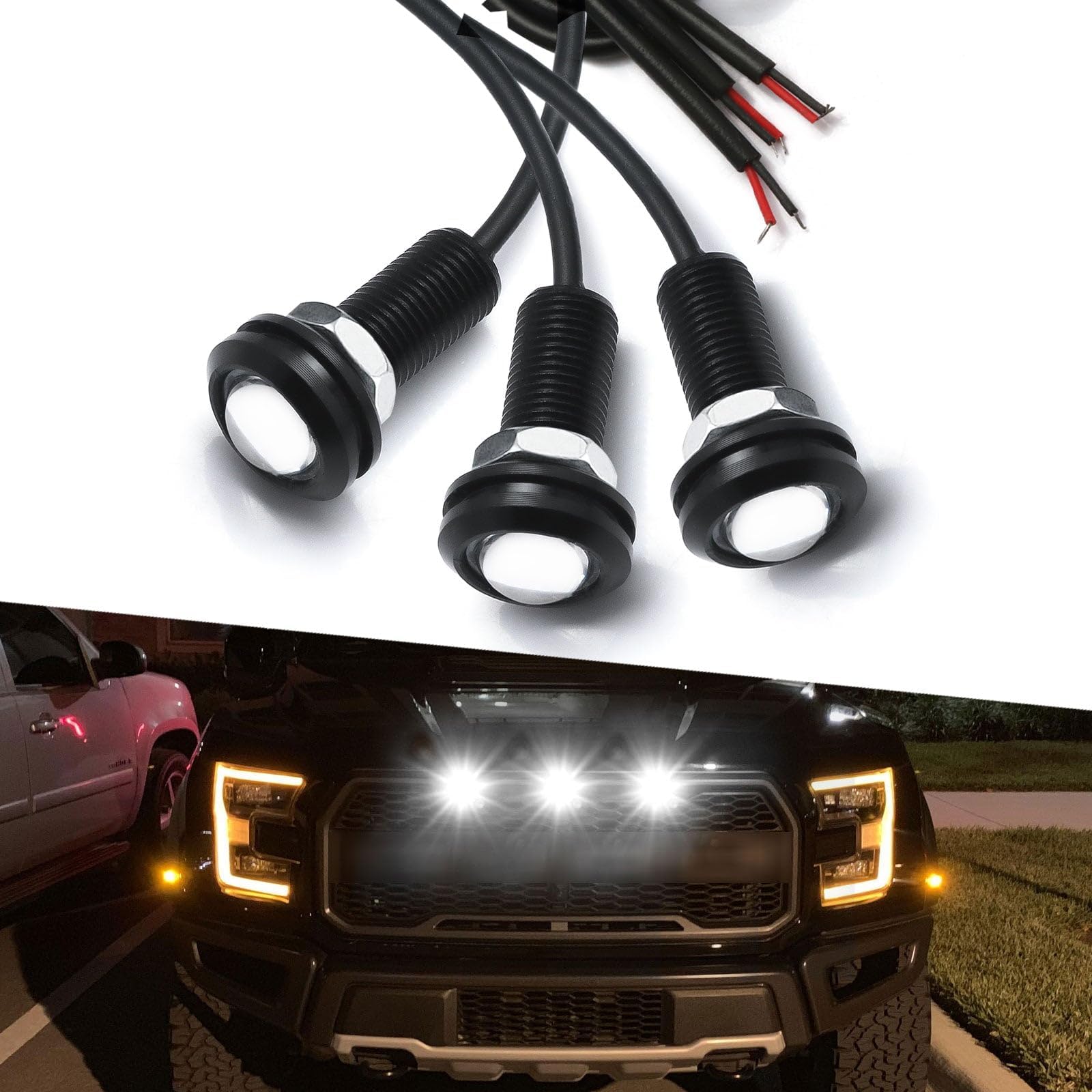 x xotic tech 3pcs LED Front Grille Marker Lights w/Projector Lens Assembly Compatible with Cars, Pickups, Trucks, SUV, Trailer, 6000K White