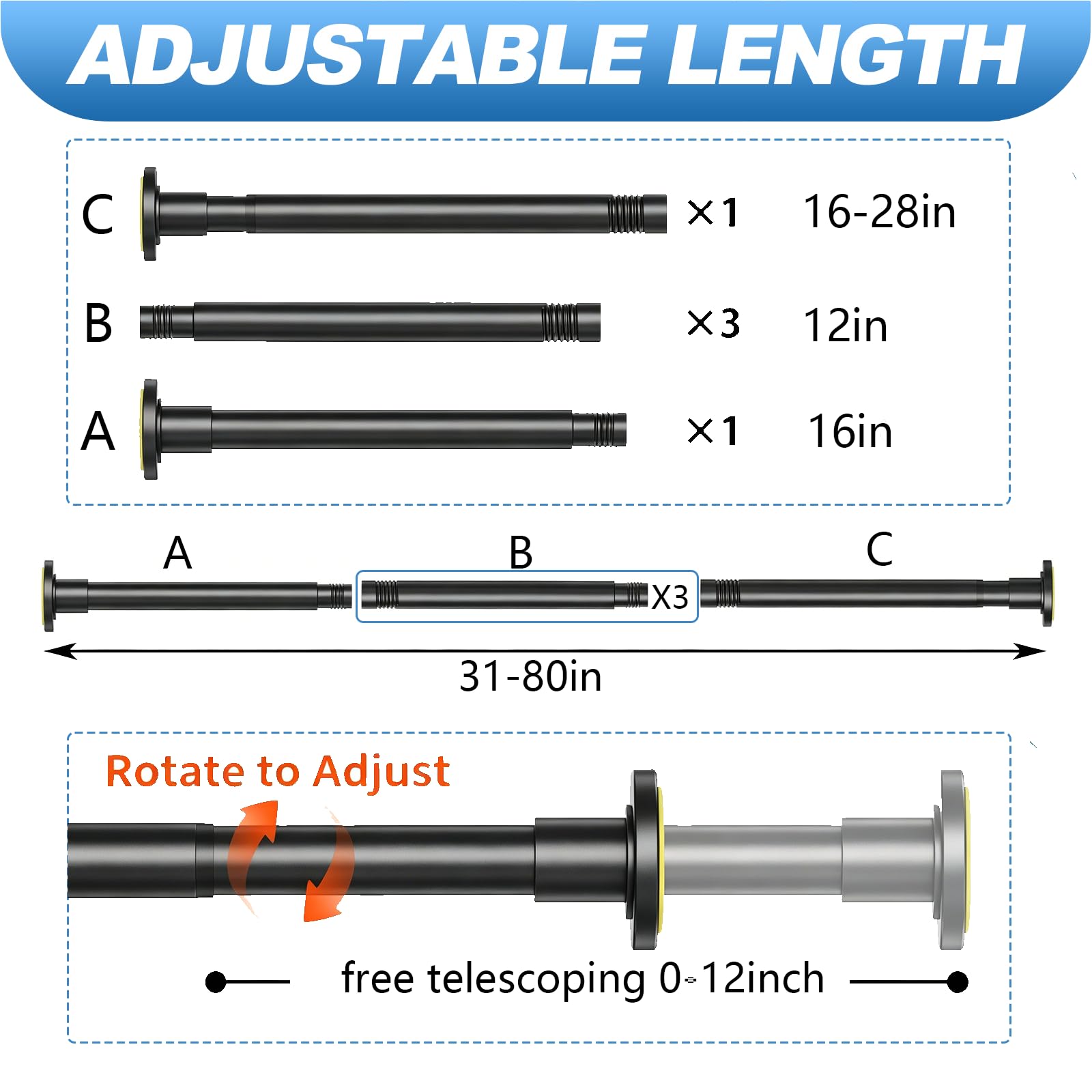 1" Heavy Duty Black Adjustable Shower Curtain Rod E78535